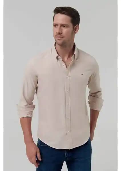 D'S Damat Slim Fit Bej Oxford Düğmeli Yaka Pamuklu Gömlek - Kolay Ütülenebilir ve Nakış Detaylı