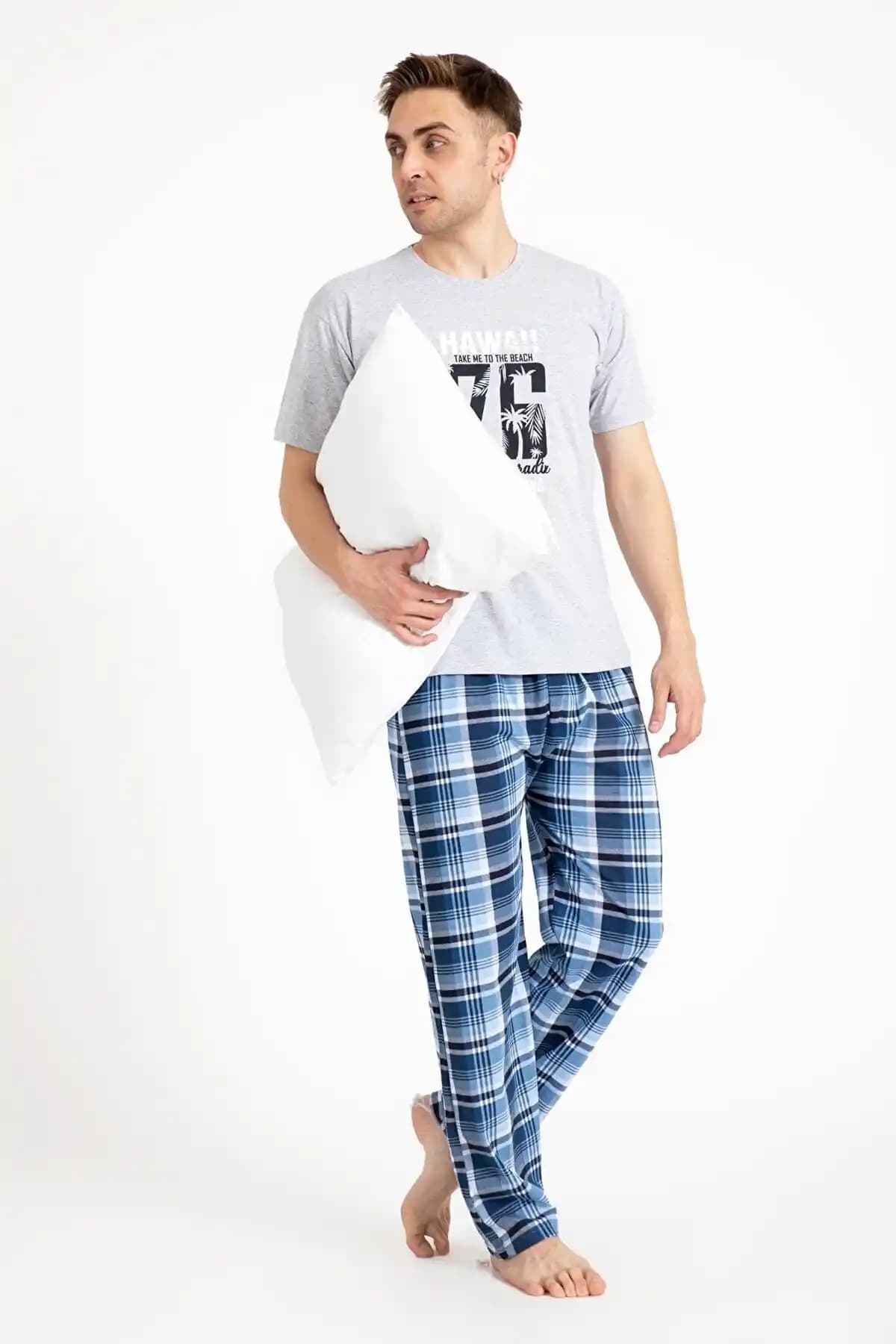 TAMPAP Erkek Baskılı Kısa Kollu Pijama Takımı Rahat ve Şık Tasarım